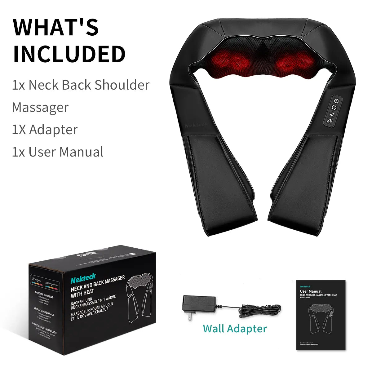 Ergonomic Shiatsu Neck & Back Massager with Heat – 8 Deep-Kneading Massage Nodes, Electric Muscle Relief for Neck, Shoulder & Body, Portable 12V, Black