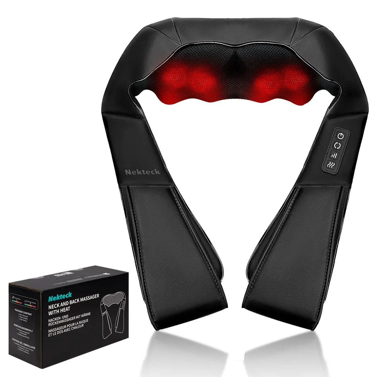 Ergonomic Shiatsu Neck & Back Massager with Heat – 8 Deep-Kneading Massage Nodes, Electric Muscle Relief for Neck, Shoulder & Body, Portable 12V, Black