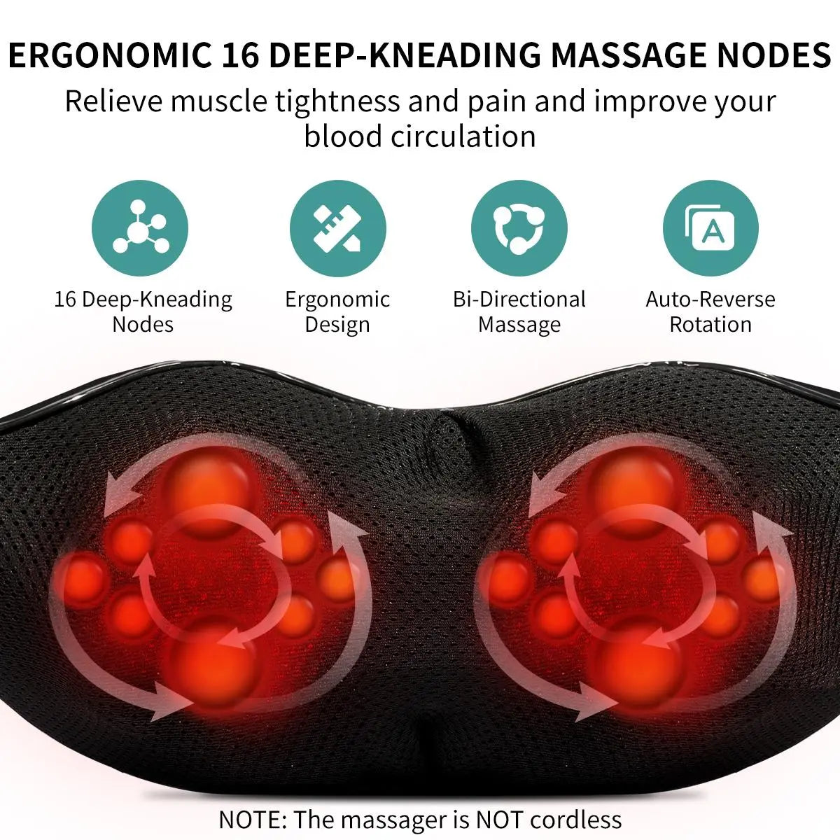 Ergonomic Shiatsu Neck & Back Massager with Heat – 8 Deep-Kneading Massage Nodes, Electric Muscle Relief for Neck, Shoulder & Body, Portable 12V, Black