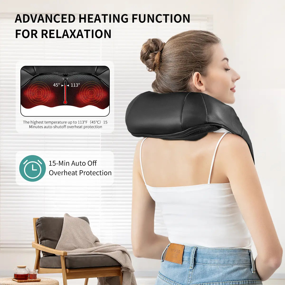 Ergonomic Shiatsu Neck & Back Massager with Heat – 8 Deep-Kneading Massage Nodes, Electric Muscle Relief for Neck, Shoulder & Body, Portable 12V, Black