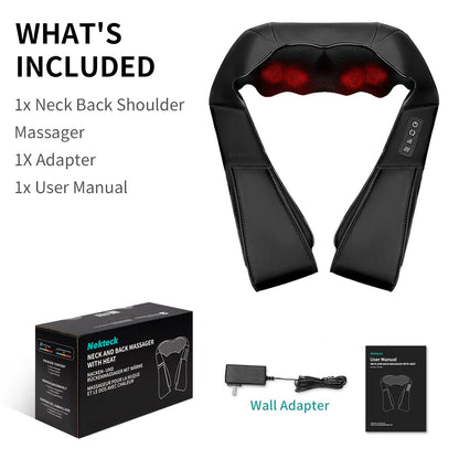 Ergonomic Shiatsu Neck & Back Massager with Heat – 8 Deep-Kneading Massage Nodes, Electric Muscle Relief for Neck, Shoulder & Body, Portable 12V, Black