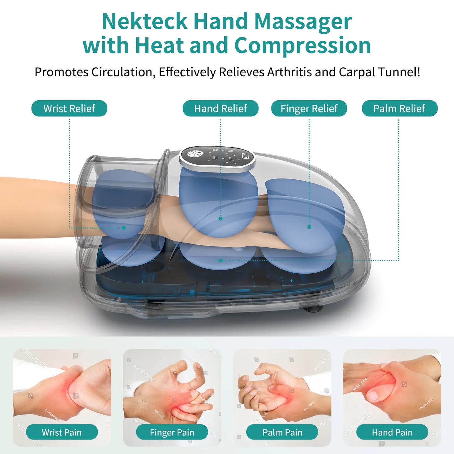 Nekteck Rechargeable Hand Massager with Heat – Air Compression Massage for Wrist, Palm and Fingers, 6 Adjustable Modes, Gift for Men & Women
