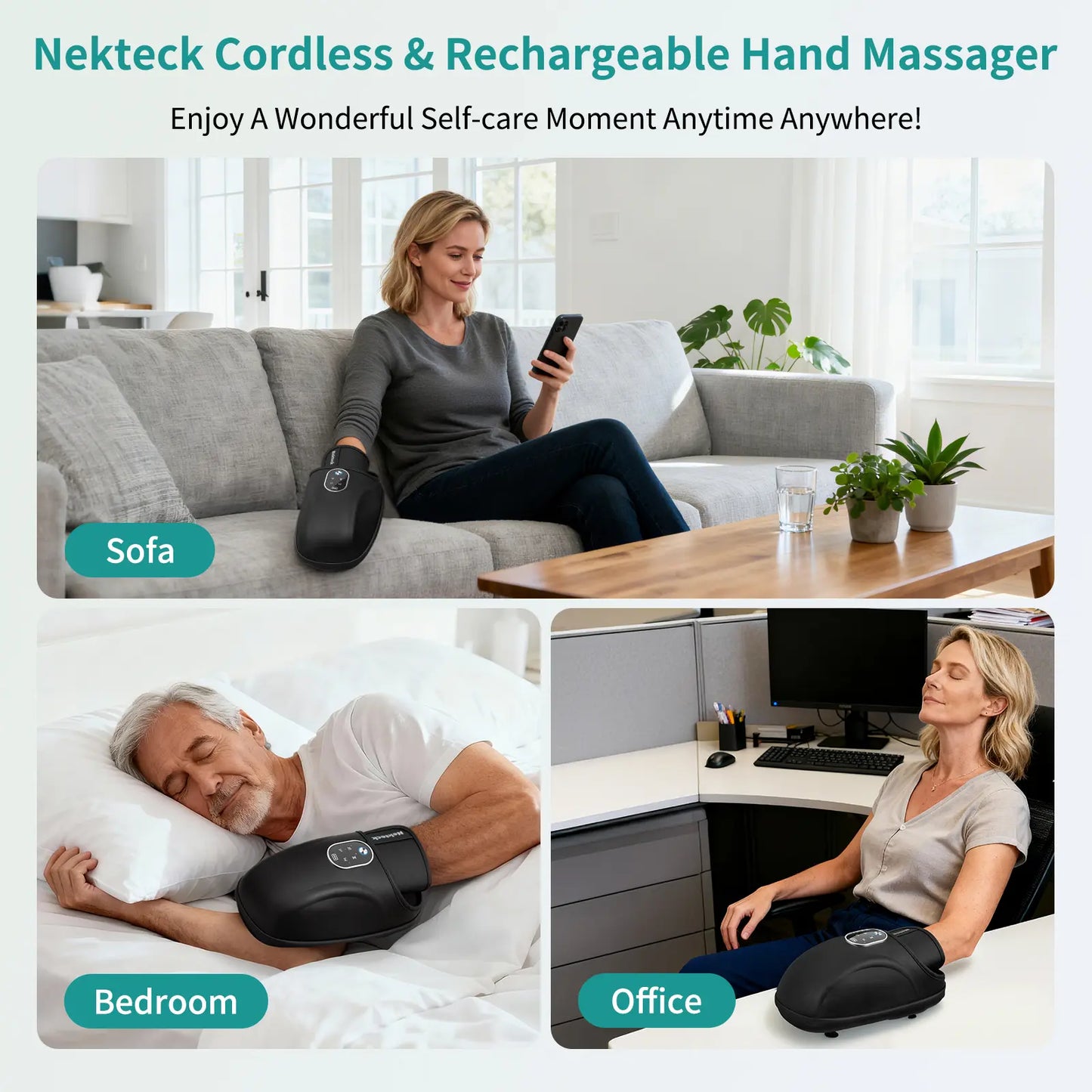 Nekteck Rechargeable Hand Massager with Heat – Air Compression Massage for Wrist, Palm and Fingers, 6 Adjustable Modes, Gift for Men & Women